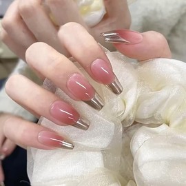 24pcs French Tip False Nails Long Coffin Press on Nails Shimmer Silver Fake Nails Pink Ombre Stick on Nails Removable Glue on Nails Acrylic Nail Tips Women Nail Accessories