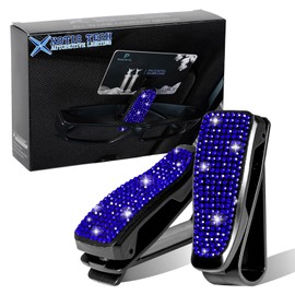 x xotic tech Glasses Holders for Car Sun Visor, 2 Pack Fashion Bling Crystal Rhinestones Car Eyeglasses Sunglasses Hanger Mount with Ticket Card Clip for Women Girls (Blue)