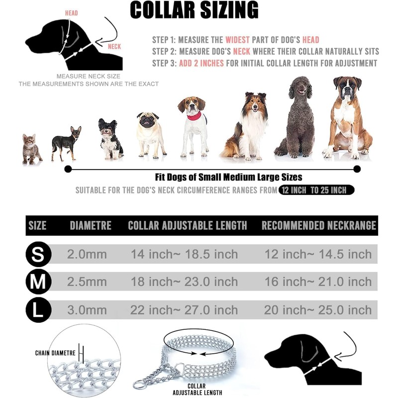 Dog Chain Collar, Heavy Duty Silver Triple Row Martingale Chain