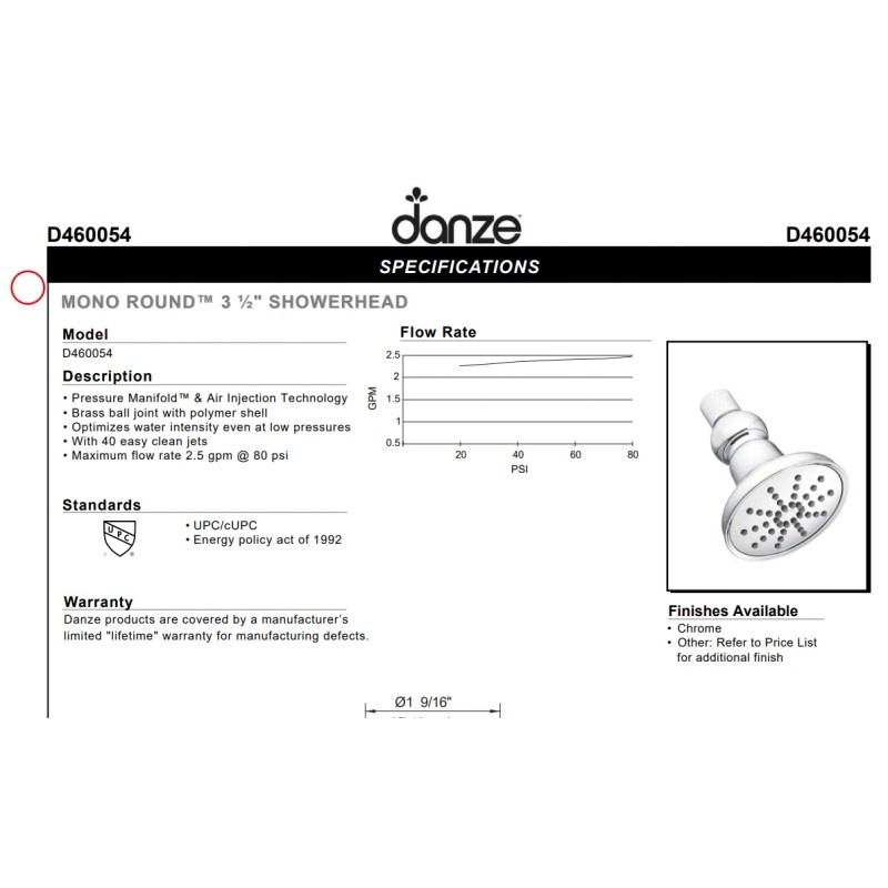 Danze D460054BR Mono Round 3 1/2" Single Function Showerhead, Tumbled