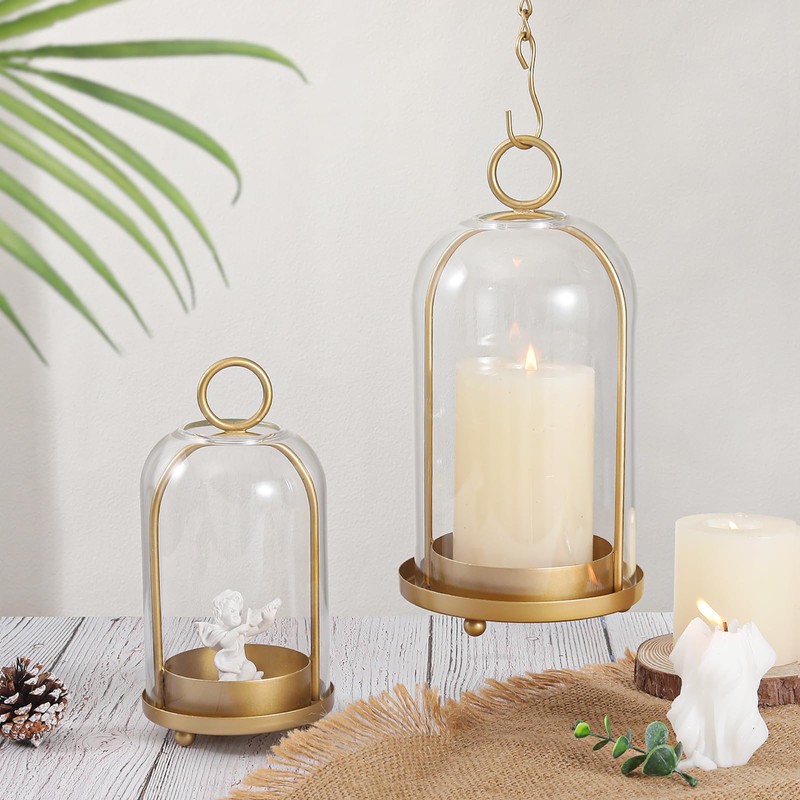Versatile Metal Candle Holder Set with Handmade Glass Dome,Antique Brass