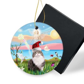 Funny Christmas Ornament 2024-Angel Loving a Siberian Tabby with Christmas Santa Hat Holiday Present Round Xmas Tree Ornament Decor 3 inch with Gift Box