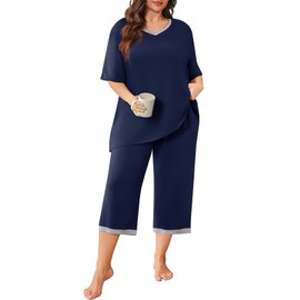POSESHE Womens Plus Size Maternity Pajamas Sets Plus Size Pjs for Women Plus size Sleepwear Outfits with Pocket,Navy Blue,3XL
