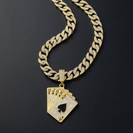EDINGM Cuban Link Chain for Men, Miami Mens Silver Gold Plated Bling Necklace Diamond Iced Out Hip Hop Jewelry (Gold Chain+Poker Pendant)