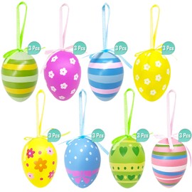 24 Pieces Easter Eggs Hanging Multicolor Plastic Tree Decorations Decorative Egg Ornaments with Different Style Stripes, Dots, Flowers for Easter Decoration