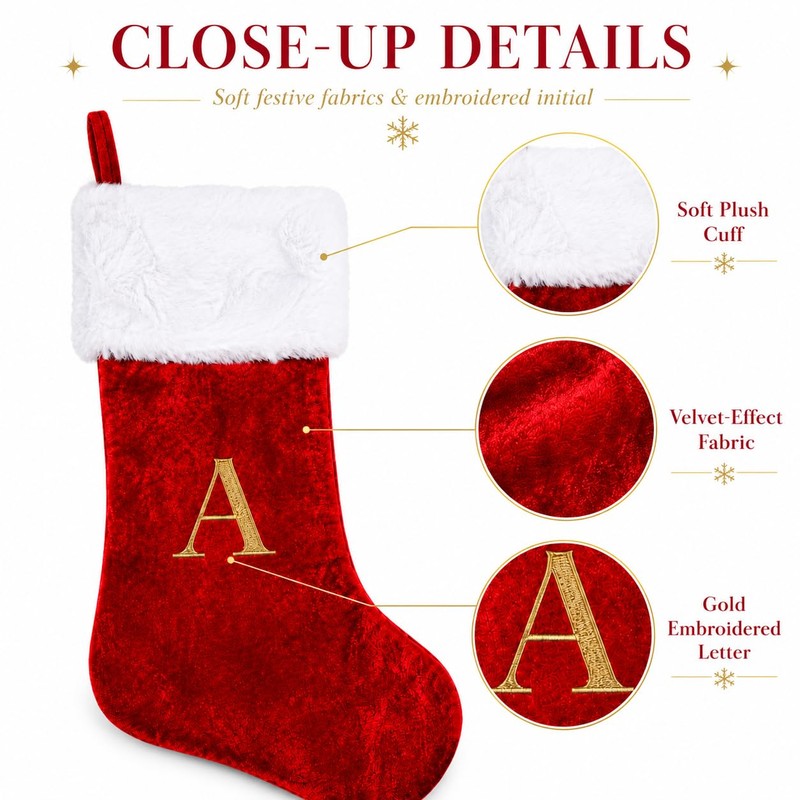Letter M Red Christmas Stocking Embroidered Plush Xmas Stocking for
