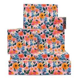 Wedding Wrapping Paper - 6 Sheets Birthday Wrapping Paper for Women - Watercolour Floral Pattern - Pink, White Orange Flowers - Bridal Shower - with Stickers - by Central 23