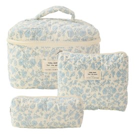 3st Kosmetiktasche Damen Reise Kulturbeutel Set, kulturbeutel Damen, Kulturtasche, Make up Bag Groß Kapazität Blumen Schminktasche Cosmetic Bag (Blaue Blume)