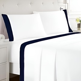 SGI bedding Hudson Hotel Collection 4 Piece Egyptian Cotton Sheets King Size - 1000 Thread Count, 18" Deep Pocket, Soft and Premium Cotton, Elegant 4" Navy Blue Hem on White Sheet - White/Navy Blue