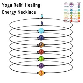 COLORFUL BLING Single 7 Chakra Beads Choker Necklace Natural Stone Tiger Eye Protection and Spiritual Healing Gemstone Turquoise Leather Cord for Women Jewelry 7Pcs/Set-choker