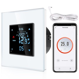 CNBINGO Smart Flush-Mounted Thermostat with Sensor, Digital Room Thermostat for Water Underfloor Heating and Boiler, Compatible with Alexa and Google Assistant, Voice Control, White with Glass Frame