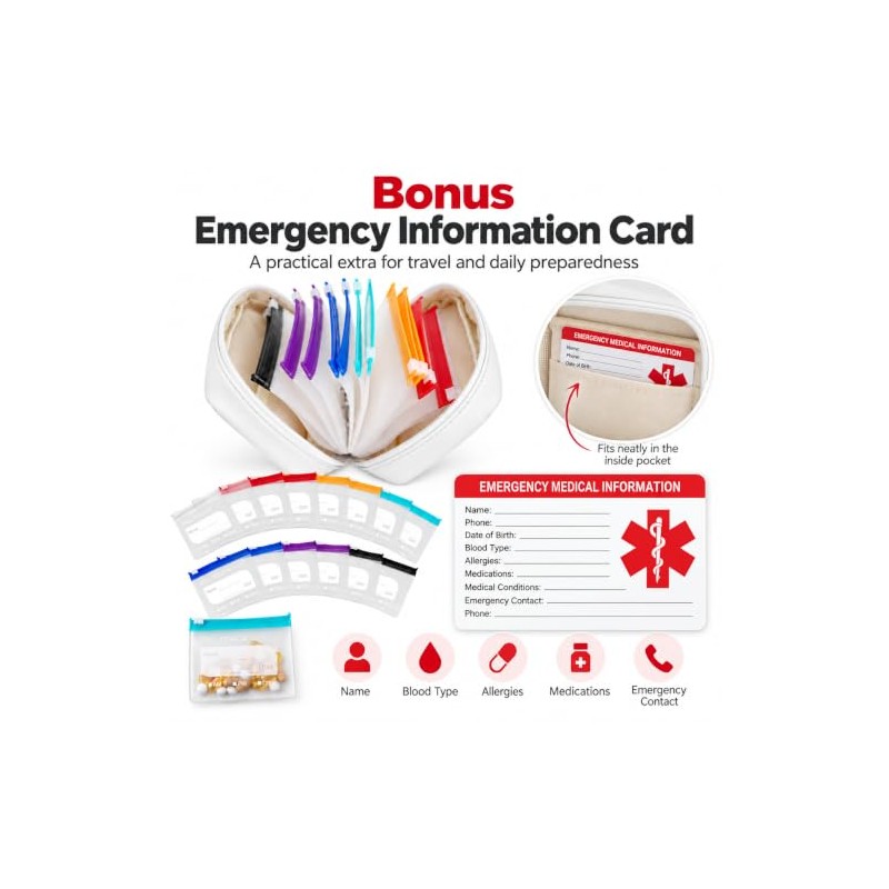 Waterproof Travel Pill Organizer,14 Pouches&Medical Information Card White