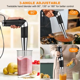 Electric Immersion Hand Blender Stick: 3-Angle Adjustable with Variable 21-Speed Control, Powerful Hand Blender Electric for Milkshakes | Smoothies | Soup| Puree | Baby Food (Black)