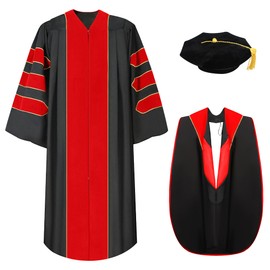 TngHui Deluxe Doctoral Graduation Gown Doctoral Hood and Tam 8 Sided Package Red Size 51(5'6"-5'8")