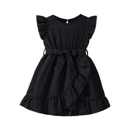 Hilinker Toddler Girls Cute Sleeveless Ruffle Dress Wrap Swing Party Summer Dresses with Belt Black 4-5Y