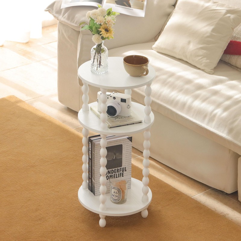 AWASEN Small Round Side Table, White End Table with 3-Tier