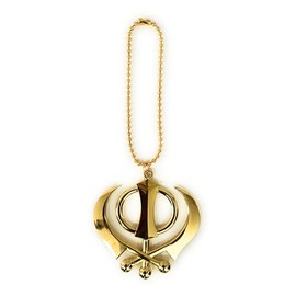 Sikh Khanda Religious Symbol Pendant Necklace for Car Haging, Home Office Decor, Gold & Silver Tone with Ball & Link Chain (Gold, Medium)