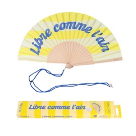 Fisura Libre Comme l'air Wooden Fan Stylish Modern Yellow Stripe Design Portable Handheld Fan with Handy Hanger Dimensions: 42.5 x 23 cm