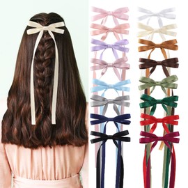 16 PCS Silky Satin Hair Bows with Tassel, Hair Ribbon Hair Bows with Long Tail Hair Bow Clips Hair Barrettes for Girls Women Tassel Ribbon Bowknot Hair Clips for Ponytail Holder Bow Barrettes Claw