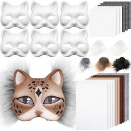 Seenelling 23 Pcs DIY Therian Mask Kit Blank Cat Mask with Felt Fabric Sheet Plush Faux Fur Eye Mesh for Therian Gear Stuff (Brown Series)