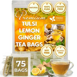 FreshDrinkUS, Premium 75 Tulsi Lemon Ginger Tea Bags, 100% Natural & Pure from Tulsi Holy Basil Leaves, Lemon and Ginger. Made with Natural Material Tea Bags. No Sugar, No Caffeine, Vegan.