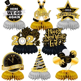 JULMELON Happy New Year Decorations 2024, 8 PCS New Years Honeycomb Centerpieces Table Decorations Black and Gold Table Toppers Decor for New Year Eve Party Supplies Favors