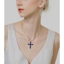 RGEMCY 925 Sterling Silver Cross Necklace Sapphire Pendant Necklace Birthstone Faith Necklaces Religious Jewelry Birthday Gifts for Women