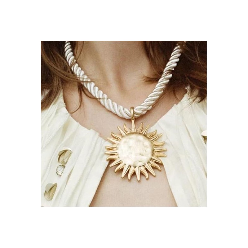 DIONFEI Exquisite Gold Sun Pendant Beige Rope Necklace - Retro