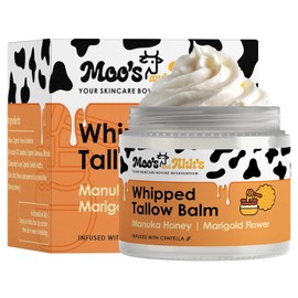 Moo's and Ahh's Bálsamo de sebo batido – Sarga de res para la piel con centella orgánica y escualano de oliva | Crema hidratante facial y corporal de ternera alimentada con pasto para piel seca (2 onzas, miel de manuka + flor de caléndula)
