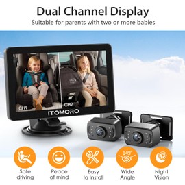 Itomoro Rear Facing Mirrors, 2 Kids Baby Car Camera, 7'' Ultra Wide 1080P HD Display with 2 IR Night Vision Cameras, 150° Wide Angle, 360° Rotatable, Easy Install