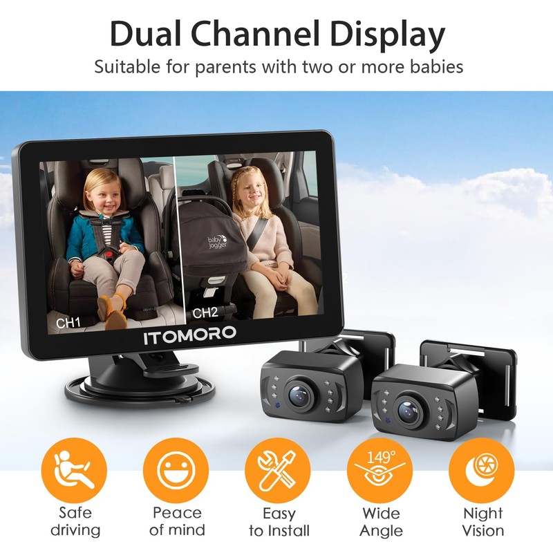 Itomoro Rear Facing Mirrors, 2 Kids Baby Car Camera, 7''