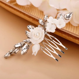 Chargances Wedding Rhinestone White Flower Hair Comb Bridal Silver Teardrop Crystal Hair Side Comb Fashion Handmade Headpiece Hair Accessories for Wedding Bridal Bridesmaid Prom Flower Girls (Silver)