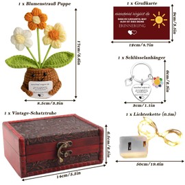 Thank You Gifts Small - Pocket Hug German Positive Knitted Multicoloured Bouquet with Keyring & Greeting Card in Vintage Treasure Chest - Lucky Charm for Friends Colleagues Parents, a, M