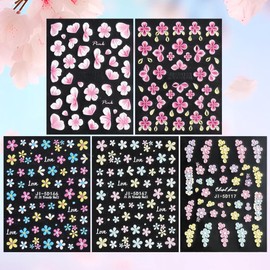 Flower Nail Art Stickers Decals 5 Sheets Pink White Colorful Summer Floral Leaf Blossom 5D Embossed Nail Decals Self-Adhesive Nails Supply Manicure Sliders for Women Girls DIY Nail Art Decorations