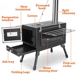 Womeyork Outdoor Camping Stove, Portable Wood Burning Stove with Chimney Pipe for Tent, Shelter, Heating and Cooking (Pipe Diameter: 2.36")