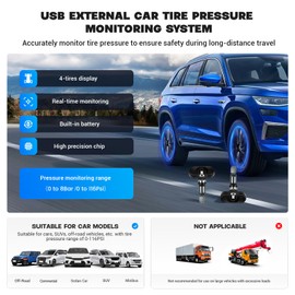 dasaita USB Tire Pressure Monitoring System, with 4 Internal Sensors for Android Head Unit, Car Tire Diagnostic Tool Support Bar and PSI Suit, APP Real-time Tire Pressure Monitor System (0-116 PSI)