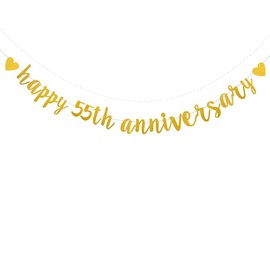 XIAOLUOLY Gold Glitter Happy 55th Anniversary Banner,Pre-Strung,Party Decorations Bunting Sign Backdrops,Happy 55th Anniversary