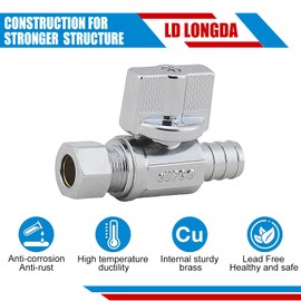 (2-Packs) Straight Stop Valve 3/8-in OD Compression × 1/2-in PEX Chrome Straight Valve, Quarter Turn Water Shut-off Ball Valve