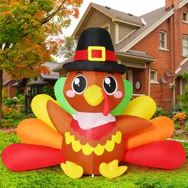 GOOSH 7 FT Long Thanksgiving Inflatables Baby Turkeys Outdoor Decorations Blow Up Yard Big Colorful Tail Turkey Baby with Pilgrim Hat with Built-in LEDs for Garden Lawn Indoor Party Decor