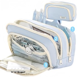 Estuche para lápices de gran capacidad, 3 compartimentos, bolsa grande para lápices, estuche organizador, almacenamiento simple y estético para cosméticos para adultos, artículos de oficina (celeste)