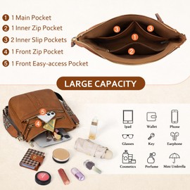 RAINSMORE Cross Body Bag Women PU Leather Women's Cross-body Bags with Adjustable Wide Shoulder Strap Crossbody Bags for Women with Multiple Pockets Brown
