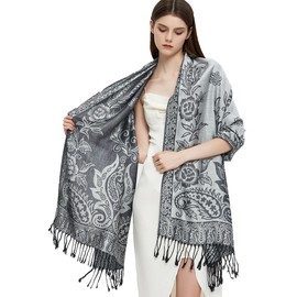 Pashmina Shawl Wrap with Ethnic Paisley Two Tone Jacquard Scarf for Women,Paisley-Black Grey