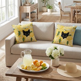 Summer Lemon Black cat Throw Pillow Covers, 18 x 18 Inch Leaves Cushion Case Decoration for Sofa Couch Holiday Seasonal Home Decor Set of 2