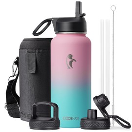 32 oz Insulated Water Bottle with Straw&3 Lids, Coolflask Stainless Steel Metal Flask Wide Mouth for Sports or Office, Non-BPA Keep Cold Up to 48 Hrs or Hot Up to 24 Hrs, Bubblegum Princess