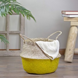 Northlight Large Belly Basket with Handles, 15.5", Beige and Yellow