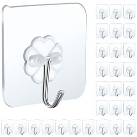 Anffeary 30 Packs Wall Hooks for Hanging Heavy Duty 22lb(Max), Waterproof Transparent Self Adhesive Hooks Wall Hangers Sticky Hooks for Door Bathroom Shower Kitchen Outdoor Utility Hooks Hanger