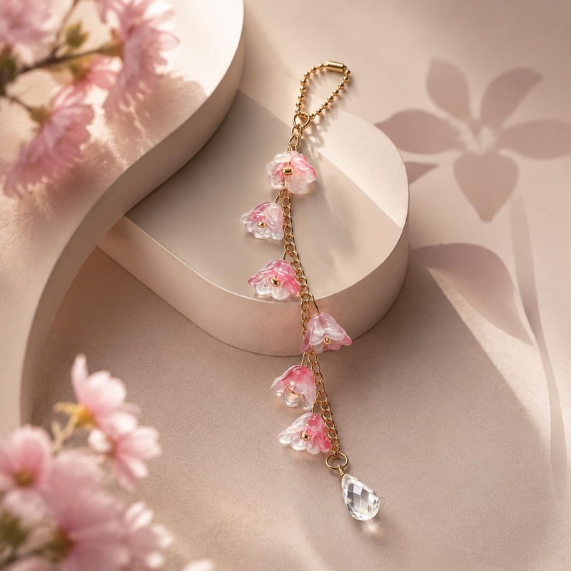 Pink Glass Lily of the Valley Car Charm,Rearview Mirror Hanging
