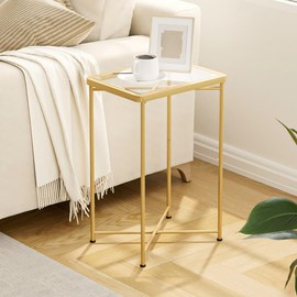 Garden 4 you Glass End Table, Small Side Table, Outdoor Side Table with Metal Frame, Bedside Table for Living Room, Bedroom, Patio, Small Space, Gold