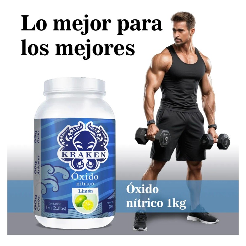 Óxido Nítrico Polvo Kraken 1kg Pre Entreno 200 Servicios Limón
