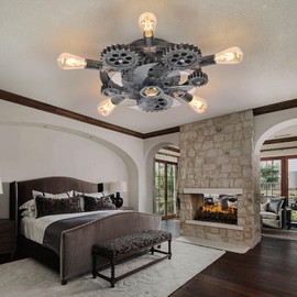 HUEOCZW 20" Retro Industrial Steampunk Ceiling Fans with Lights and Remote,Low Profile Flush Mount Bladeless Ceiling Fan with Light,Nautical Style 6 Speeds for Bedroom Kitchen Island Bar Cafe